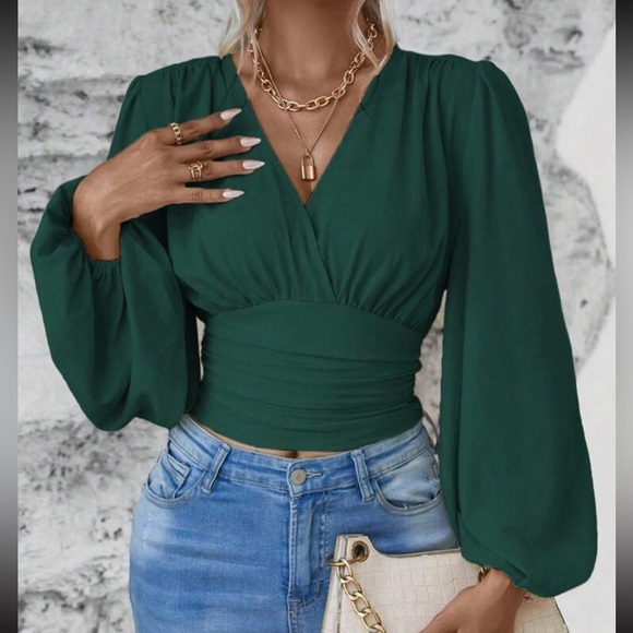 Boho Classic Elegant VNeck Pleated Smocked Long Sleeve Cropped Top Blouse Shirt - Picture 1 of 12